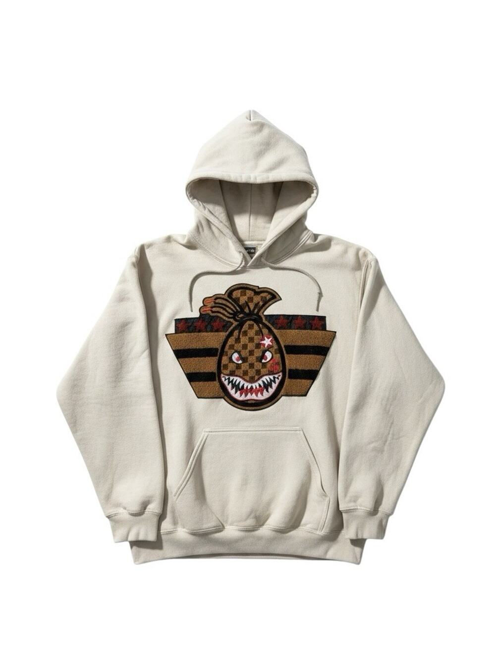 Million Dolla Motive Hoodie Adult M Beige Money Bag Chenille Graphic Streetwear